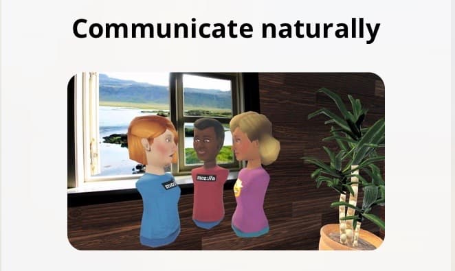 Three VR figures without arms or legs, hovering in what might be a Novascotian cabin. The headling reads, 'Communicate naturally'.
