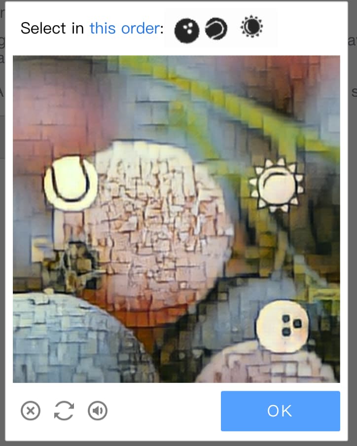 Screenshot of one of LinkedIn's unhinged captcha's, I think. You are supposed to select the bowling ball, the tennis ball, and then the sun, in that order. Everything looks like it's made of pixelated vomit.