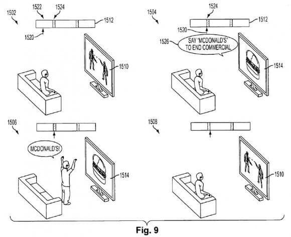 Figure from what I believe is a patent application. It has four panels. In the first, a man sits in front of a couch directly in front of an enormous TV, upon which are two figures, one of whom is shooting the other at point blank range. In the next panel, the image on the screen has changed to a giant hamburger, and a speech bubble emits from the TV, saying 'SAY MCDONALDS TO END COMMERCIAL'. In the third panel, where the hamburger remains on the screen, the man rises from his couch, puts his arms in the air, and yells, 'MCDONALDS!' In the fourth and last panel, the man is seated again, and once again watching on the screen the two figure from the first panel, one shooting the other at point- blank range.